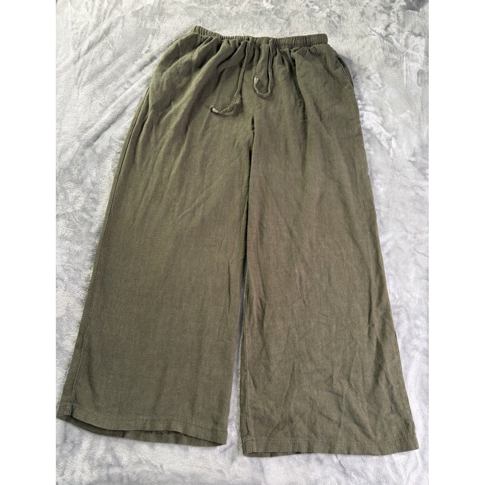 Linen Blend Wide Leg Pants Womens XXL Olive Green Elastic Waist Drawstring
